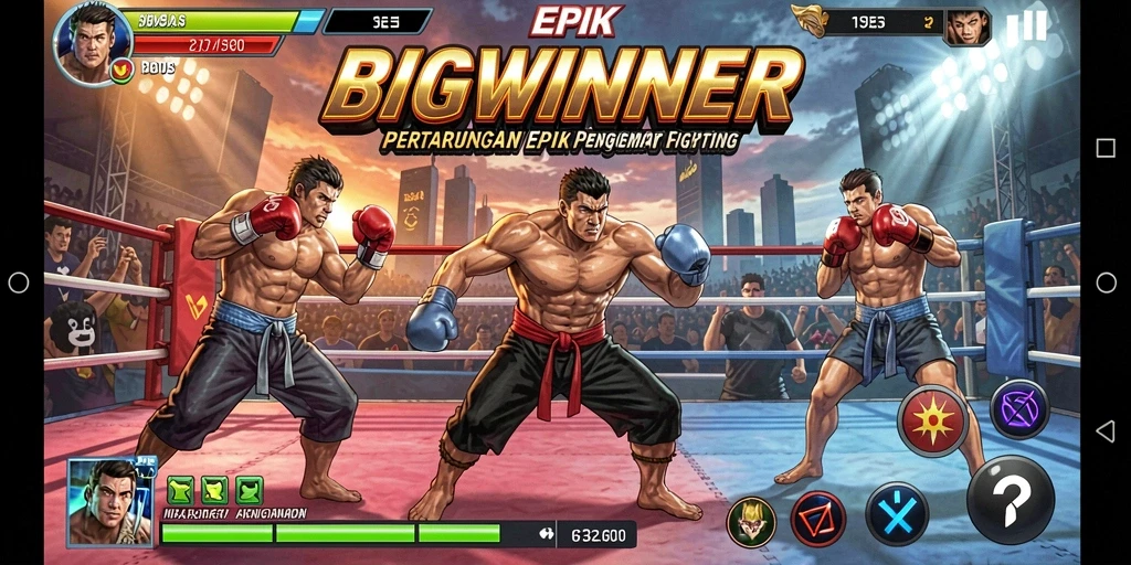 Screenshot utama BIGWINNER menampilkan aksi pertarungan yang mendebarkan.