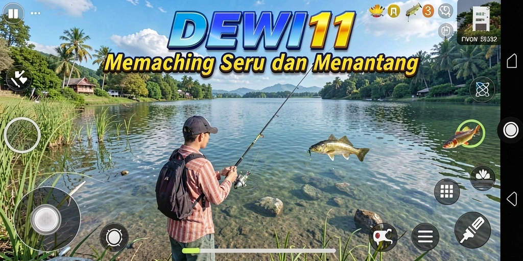 Tampilan gameplay mendebarkan dalam DEWI11 saat menangkap ikan.