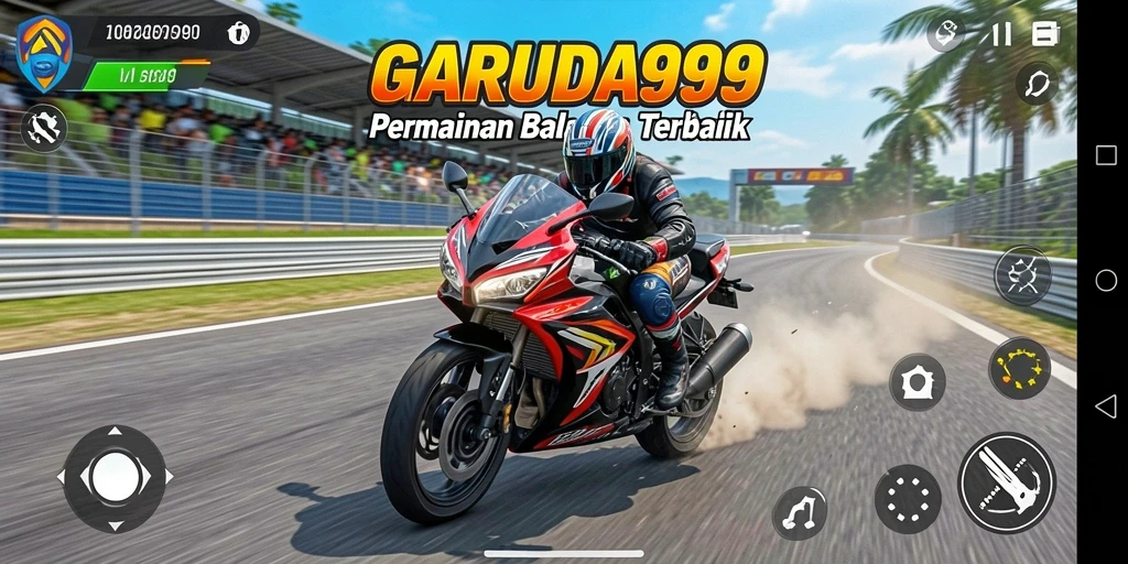 Tangkapan layar utama GARUDA999 menampilkan aksi balap motor yang mendebarkan.