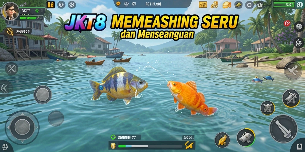 Tampilan gameplay seru dalam JKT8 saat menangkap ikan.