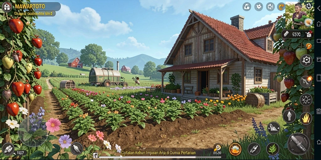 Screenshot gameplay MAWARTOTO dengan pemandangan kebun yang indah dan tanaman beragam.
