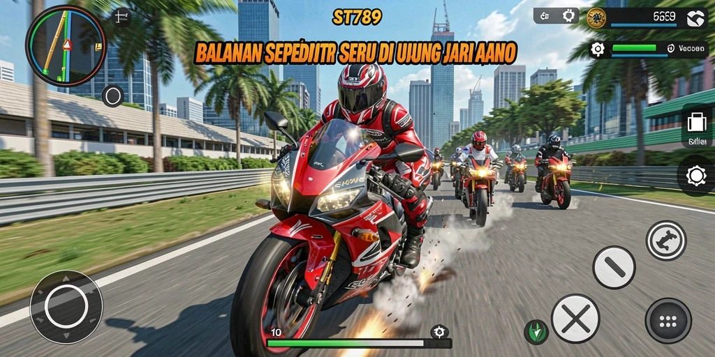 Screenshot gameplay ST789 yang menampilkan aksi balapan motor yang mendebarkan.