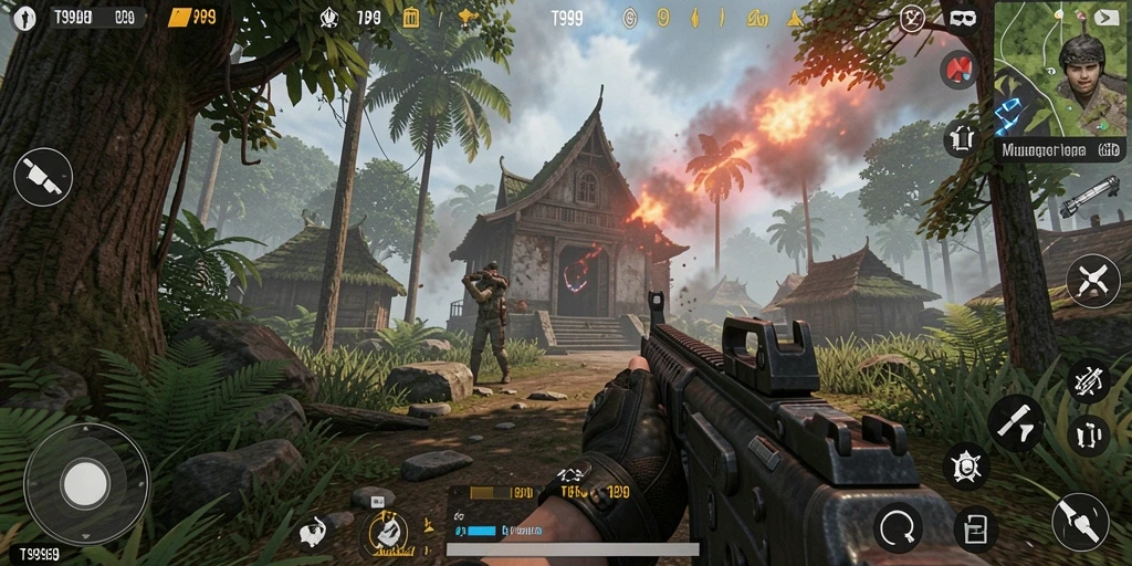 Gameplay seru T9999 dengan aksi tembak-menembak yang intens.