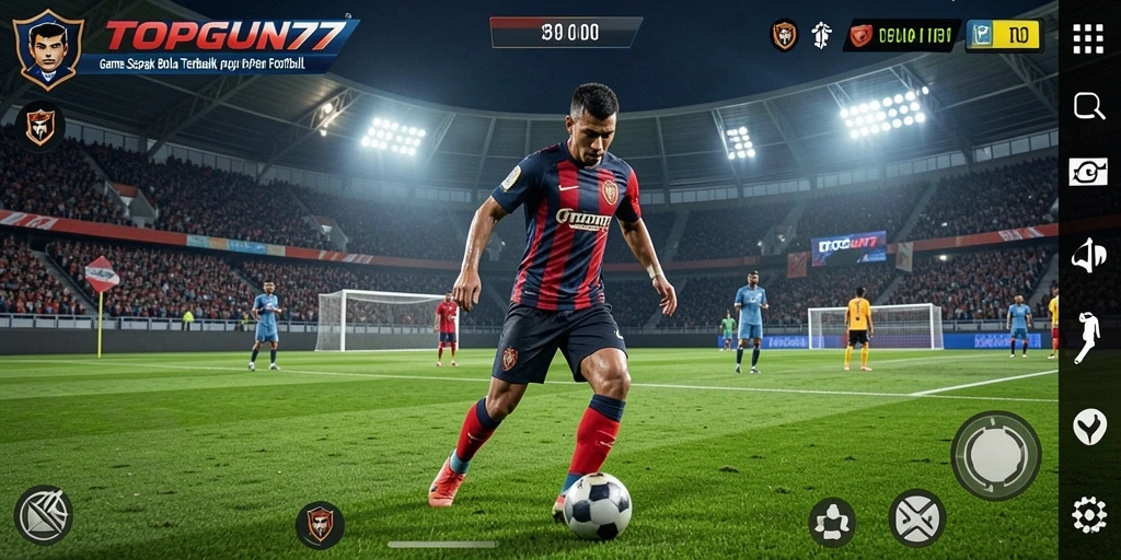 Tampilan gameplay seru dalam TOPGUN77 yang menggambarkan aksi sepak bola.